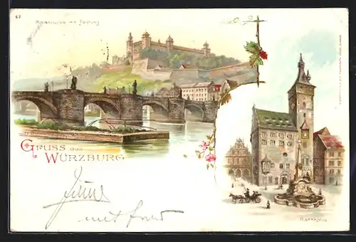 Lithographie Würzburg, Mainbrücke mit Festung, Rathhaus
