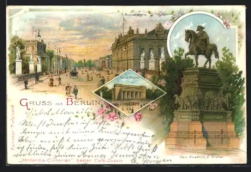 Lithographie Berlin, Schlossbrücke mit Blick auf Ruhmeshalle