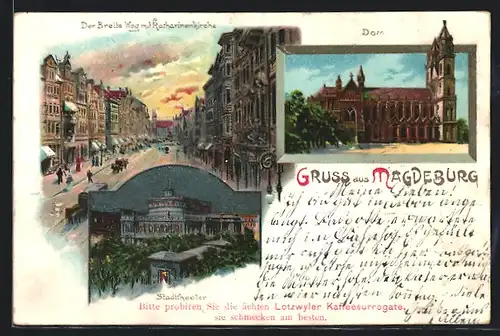 Lithographie Magdeburg, Der Breite Weg mit Katharinenkirche, Stadttheater, Dom
