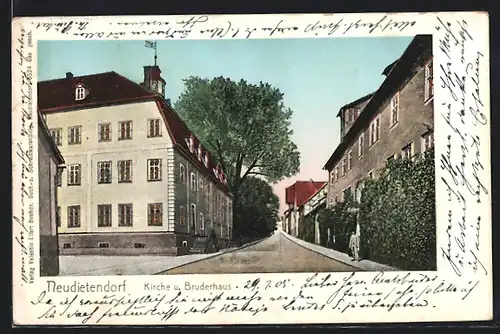 Goldfenster-AK Neudietendorf, Kirche und Bruderhaus