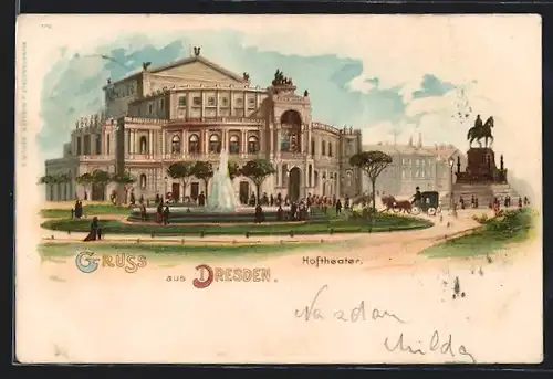 Lithographie Dresden, Hoftheater mit Springbrunnen