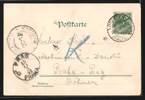 Lithographie Dresden, Hoftheater mit Springbrunnen