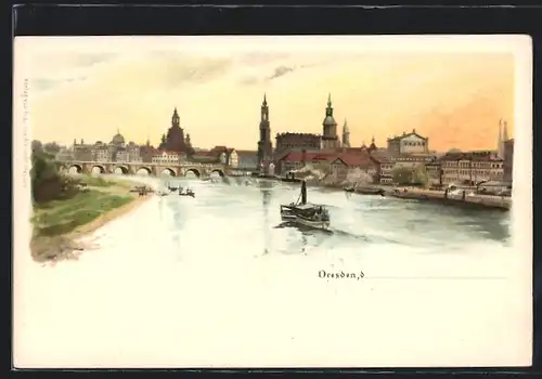 Lithographie Dresden, Panorama von der Elbe aus