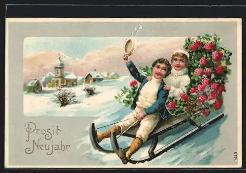 AK Junges Paar auf einem Schlitten, Verschneite Ortschaft