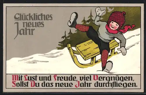 Künstler-AK Kleines Mädchen saust juchzend auf dem Schlitten durch den Schnee