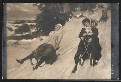 AK Drei Damen sausen auf dem Schlitten den Berg hinab