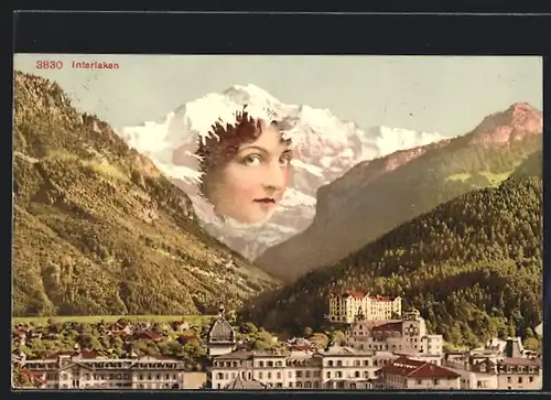 AK Interlaken, Teilansicht und Berg mit Gesicht / Berggesichter