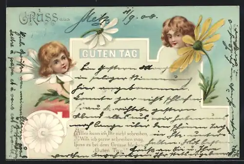 Künstler-AK Guten Tag, Kleiner Gruss, Blumen mit Kinderköpfen, Metamorphose