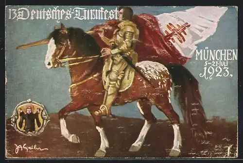 AK München, 13. Deutsches Turnfest 1923, Ritter mit Fahne der Deutschen Turnerschaft