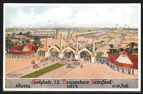 Künstler-AK J. Klemm: Leipzig, 12. Deutsches Turnfest 1913, Festplatz