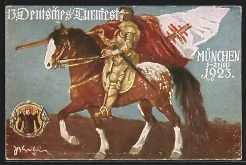 AK München, 13. Deutsches Turnfest 1923, Ritter mit Fahne der Deutschen Turnerschaft