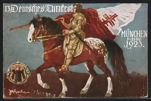 AK München, 13. Deutsches Turnfest 1923, Ritter mit Fahne der Deutschen Turnerschaft