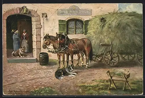 Künstler-AK August Müller - München: Pferdegespann vor dem Gasthof Zum goldenen Stern