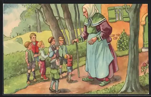 Künstler-AK Der kleine Däumling spricht zu einer alten Frau