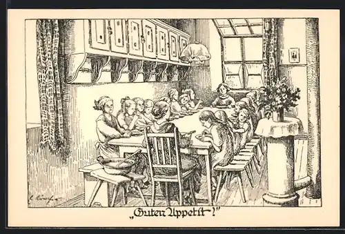 AK Guten Appetit, Frauen und Kinder am Essenstisch, Kinderfürsorge