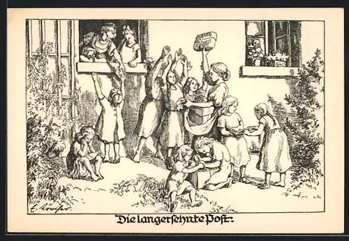 Künstler-AK Die langersehnte Post, Kinder warten auf ihre Pakete, Kinderfürsorge