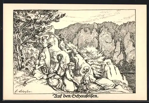 Künstler-AK Auf den Schaufelsen, Frauen und Mädchen geniessen Ausblick am Felsen, Kinderfürsorge