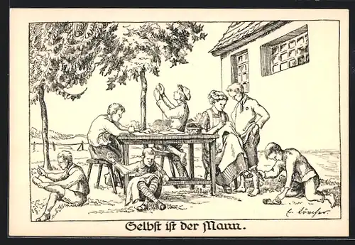 Künstler-AK Selbst ist der Mann, Jungen bei der Handarbeit, Kinderfürsorge