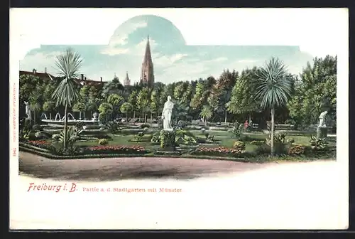 AK Freiburg, Partie im Stadtgarten mit Münster