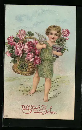 AK Neujahrsengel mit Blumenkorb