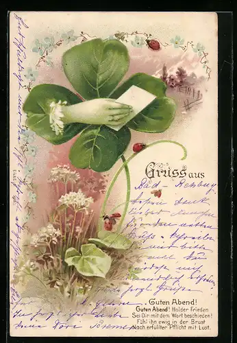 AK Hand mit Brief und Kleeblatt