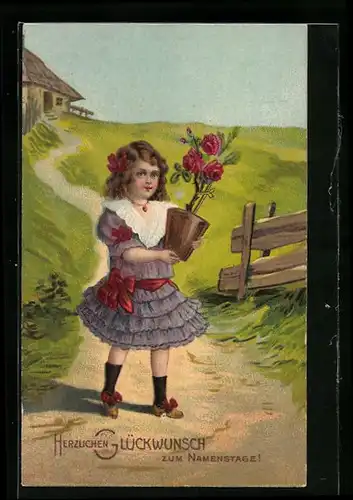 AK Mädchen mit Rosenstock zum Namenstag