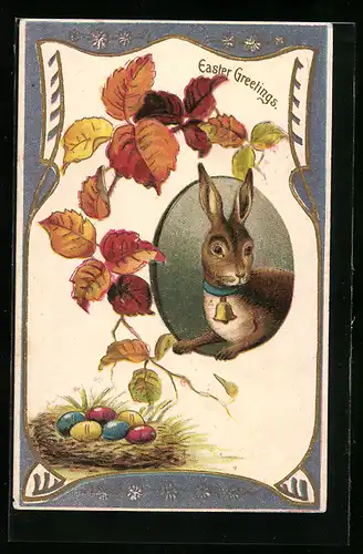 AK Osterhase mit Laub und Eiern