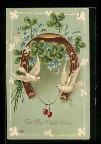 AK Tauben mit Hufeisen und Kleeblättern