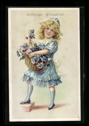 AK Mädchen mit Blumenkorb überbringt Grüsse
