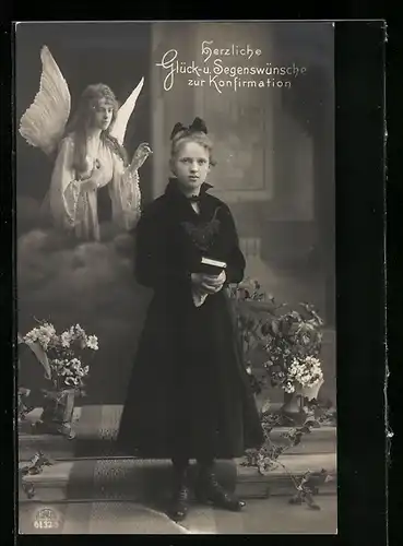 AK Glück- und Segenswünsche zur Konfirmation, Konfirmandin und Engel, Montage
