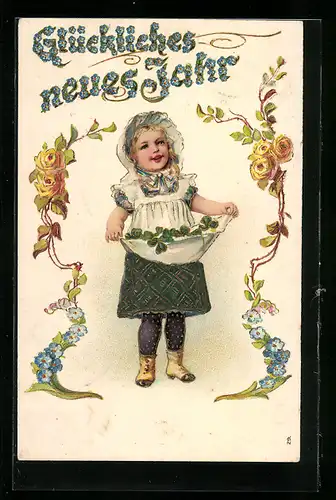 AK Kleines Mädchen trägt Glücksklee in seiner Schürze, Glückliches Neujahr!