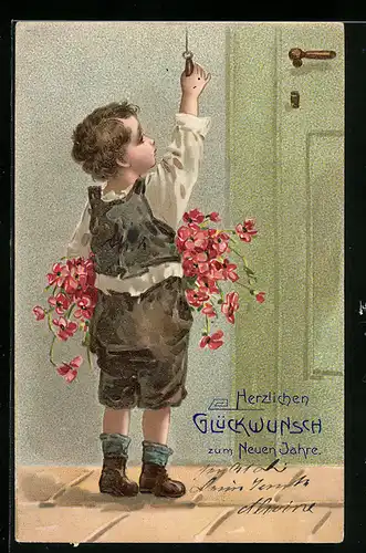 AK Junge mit Blumen klingelt an der Tür, Glückwunsch zu Neujahr