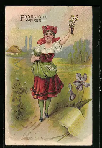 AK Magd mit Ostereiern in der Schürze