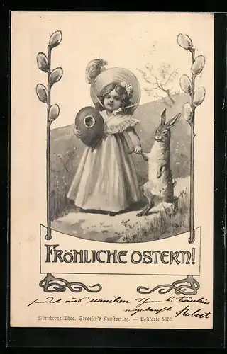 AK Mädchen nimmt Osterhasen an die Hand