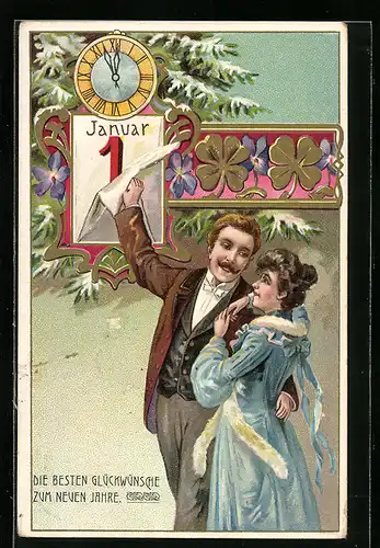 AK Viel Glück zum neuen Jahre, Liebespaar reisst das Kalenderblatt ab