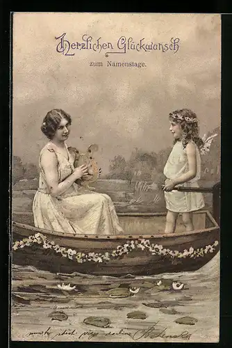 AK Engel und Frau mit Harfe in einem Boot zum Namenstag