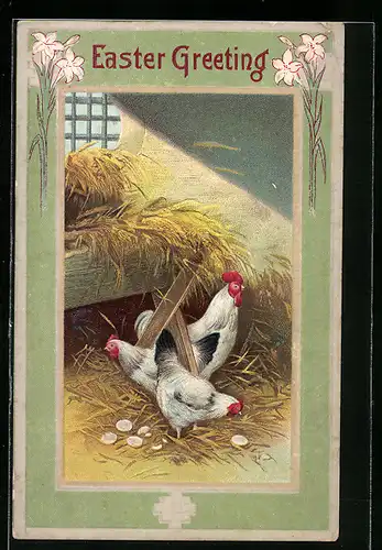 AK Hühner mit Ostereiern im Stall