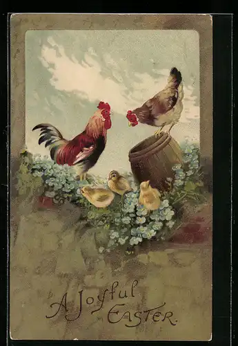 AK Fröhliche Ostern, Hühnerfamilie mit Vergissmeinnicht, Osterküken
