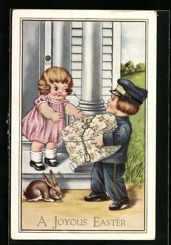 AK Paketbote überreicht Geschenk zu Ostern, Osterhase daneben