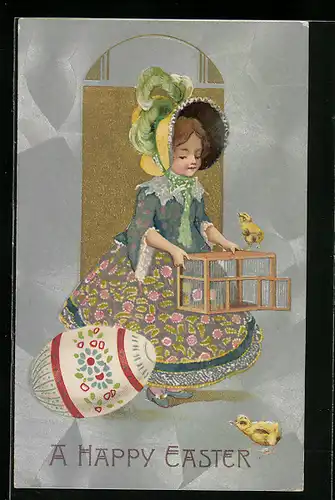 AK Mädchen mit Osterküken, A Happy Easter