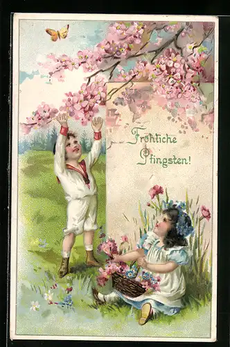 AK Kinder beim Sammeln von Kirschblüten zu Pfingsten