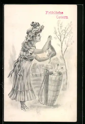 AK Mädchen mit Osterhasen im Korb