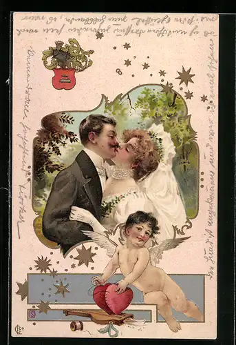 AK Amor hält zwei Herzen in den Händen, Verliebtes Paar küsst sich