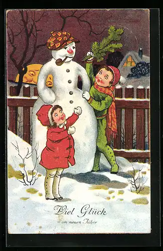 AK Kinder bauen einen Schneemann