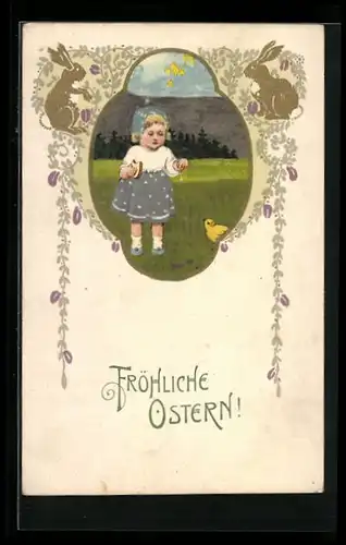 AK Mädchen mit Osterküken im Grünen