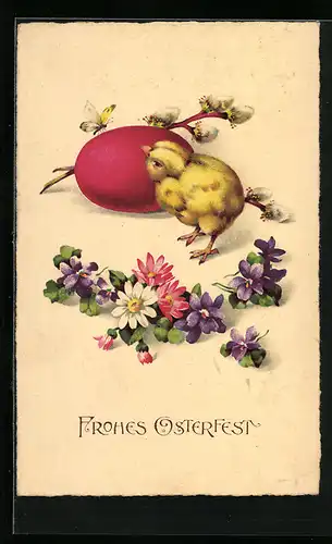 AK Osterküken mit Osterei und Blumen