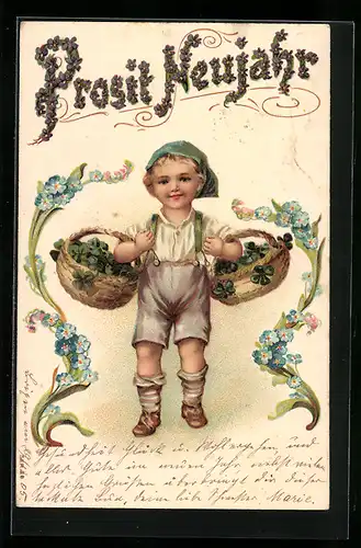 AK Junge trägt zwei Körbe voll mit Kleeblättern, Prosit Neujahr