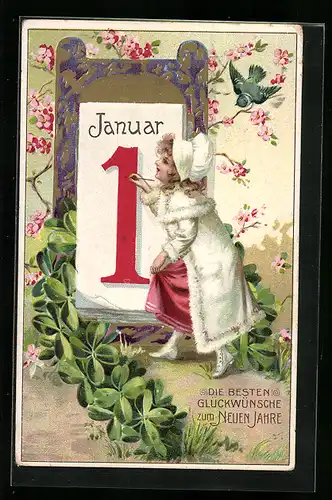 AK Neujahrsgrüsse, Mädchen am Kalender