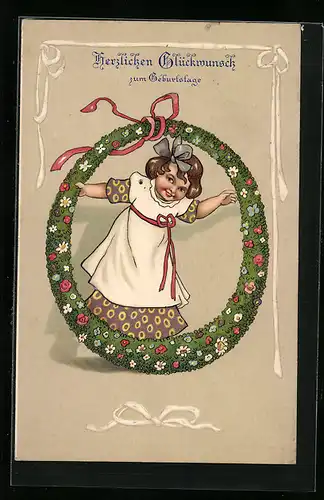 AK Mädchen mit Kranz zum Geburtstag