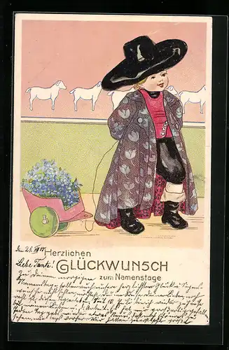 AK Mädchen mit Hut zum Namenstag